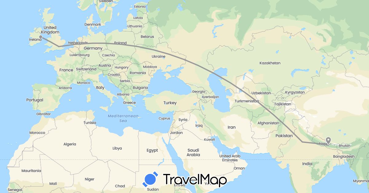 TravelMap itinerary: driving, plane in United Kingdom, Ireland, India, Nepal (Asia, Europe)