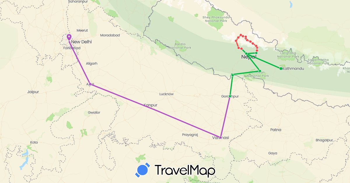 TravelMap itinerary: driving, bus, train, hiking in India, Nepal (Asia)